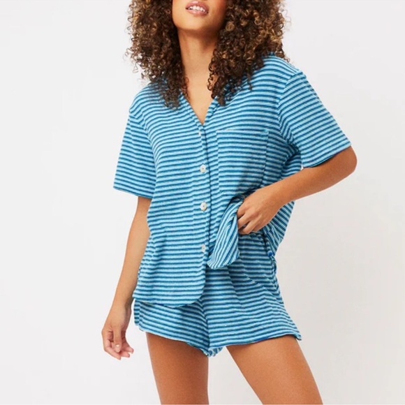 Frankie's Bikinis Pants - Frankies Bikinis Coco Striped Terry Button Up
Shirt and Shorts Set Size XS